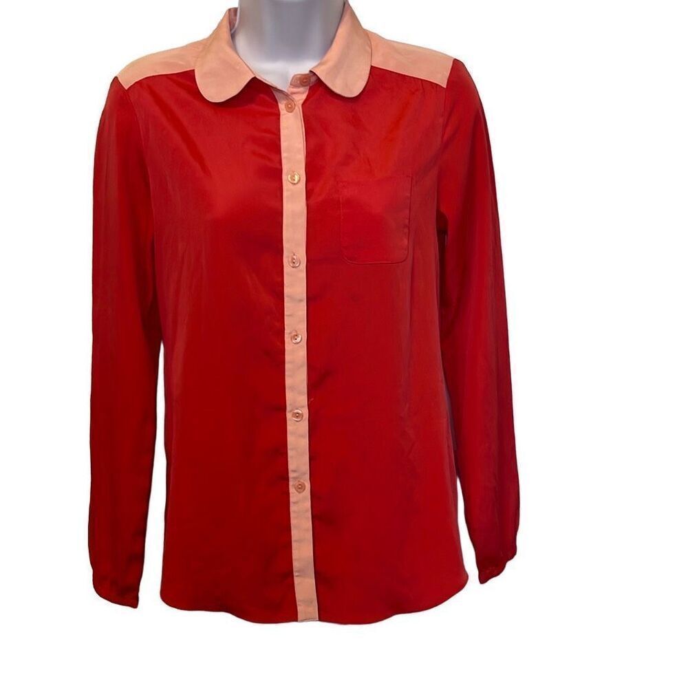 American Eagle  XS Coral Pink Colorblock Button Down Long Sleeve Blouse Office
